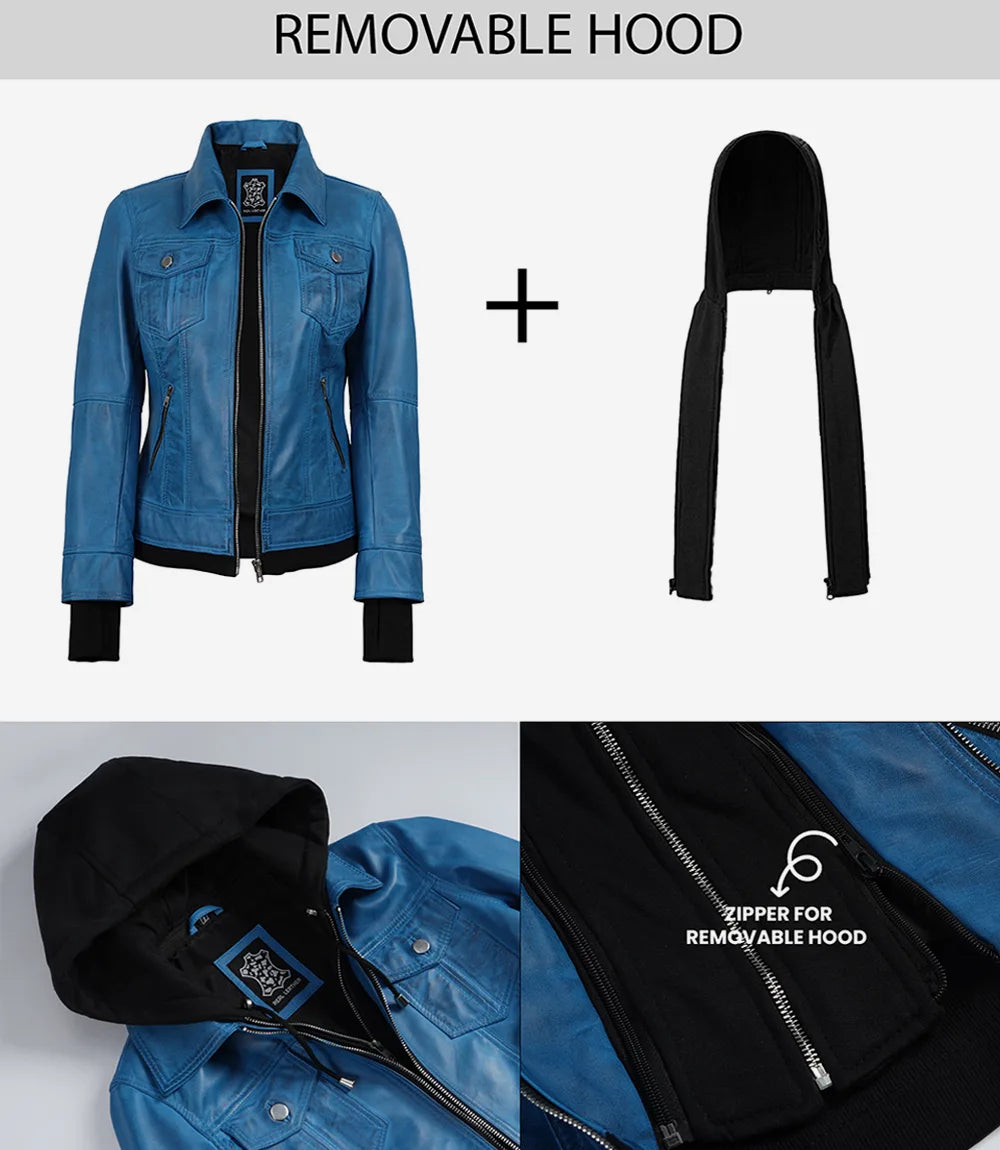 Women’s Blue Waxed Real Leather Jacket with Removable Hood