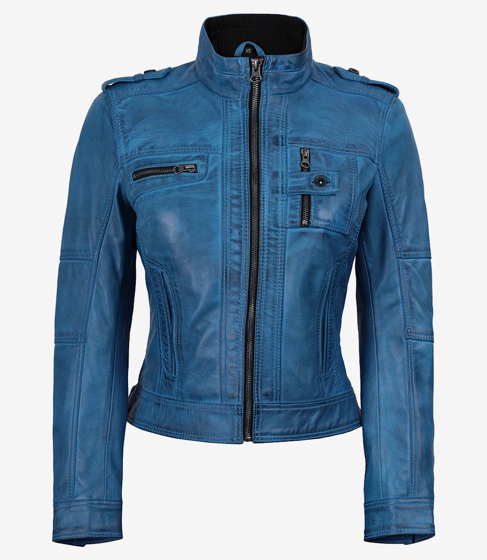 Blaue Damenjacke im Biker-Stil aus gewachstem Lammleder