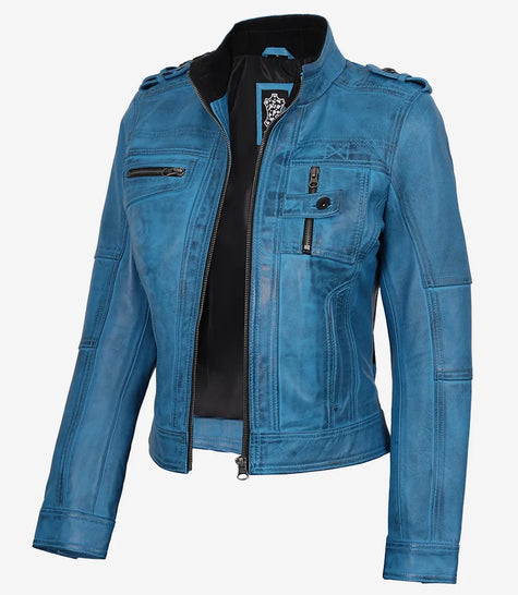 Women's Blue Waxed Lambskin Leather Biker Style Jacket