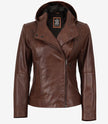Womens Asymmetrical Brown Biker Style Leather Jacket with Hood