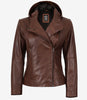 Womens Asymmetrical Brown Biker Style Leather Jacket with Hood