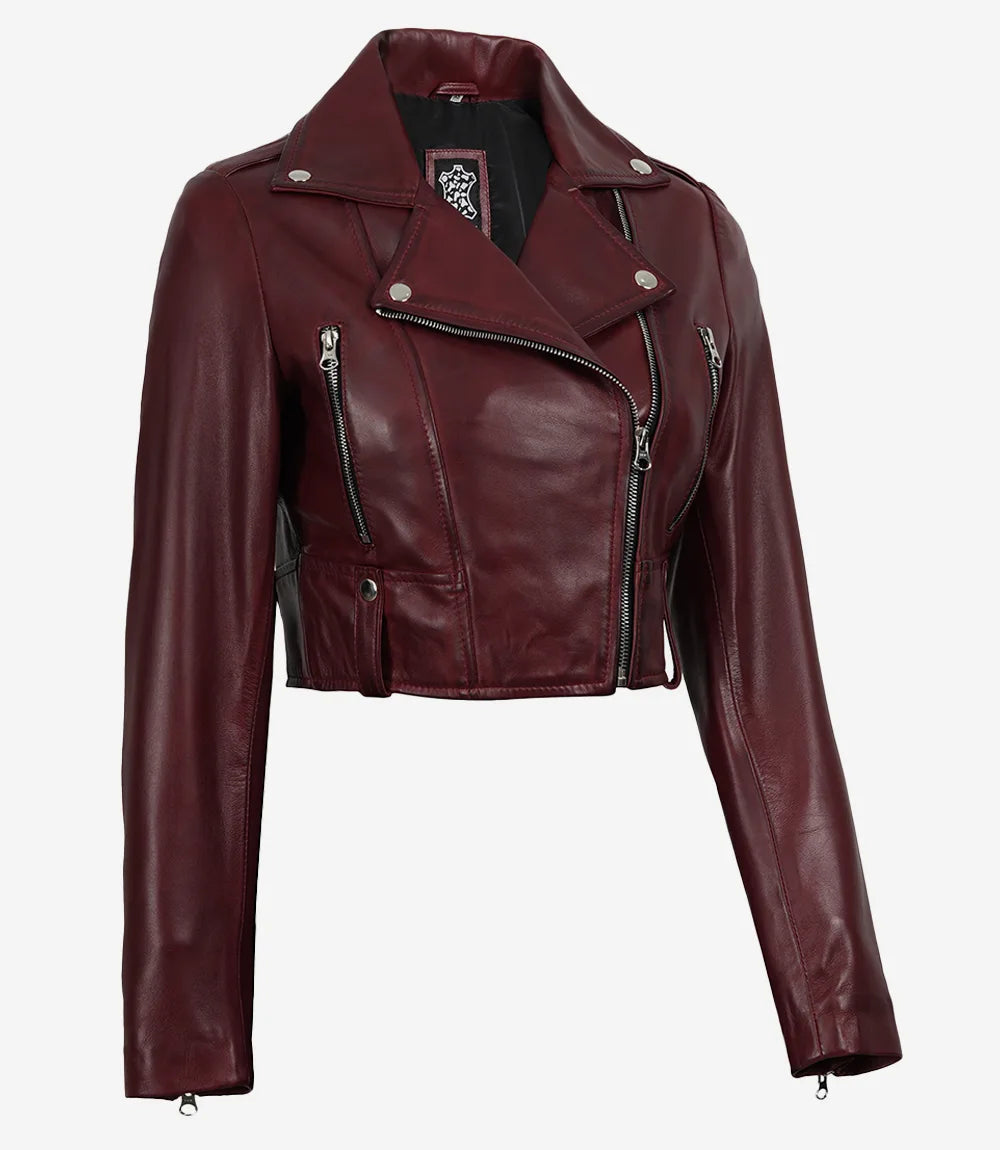 Womens Burgundy Waxed Biker Style Cropped Leather Jacket