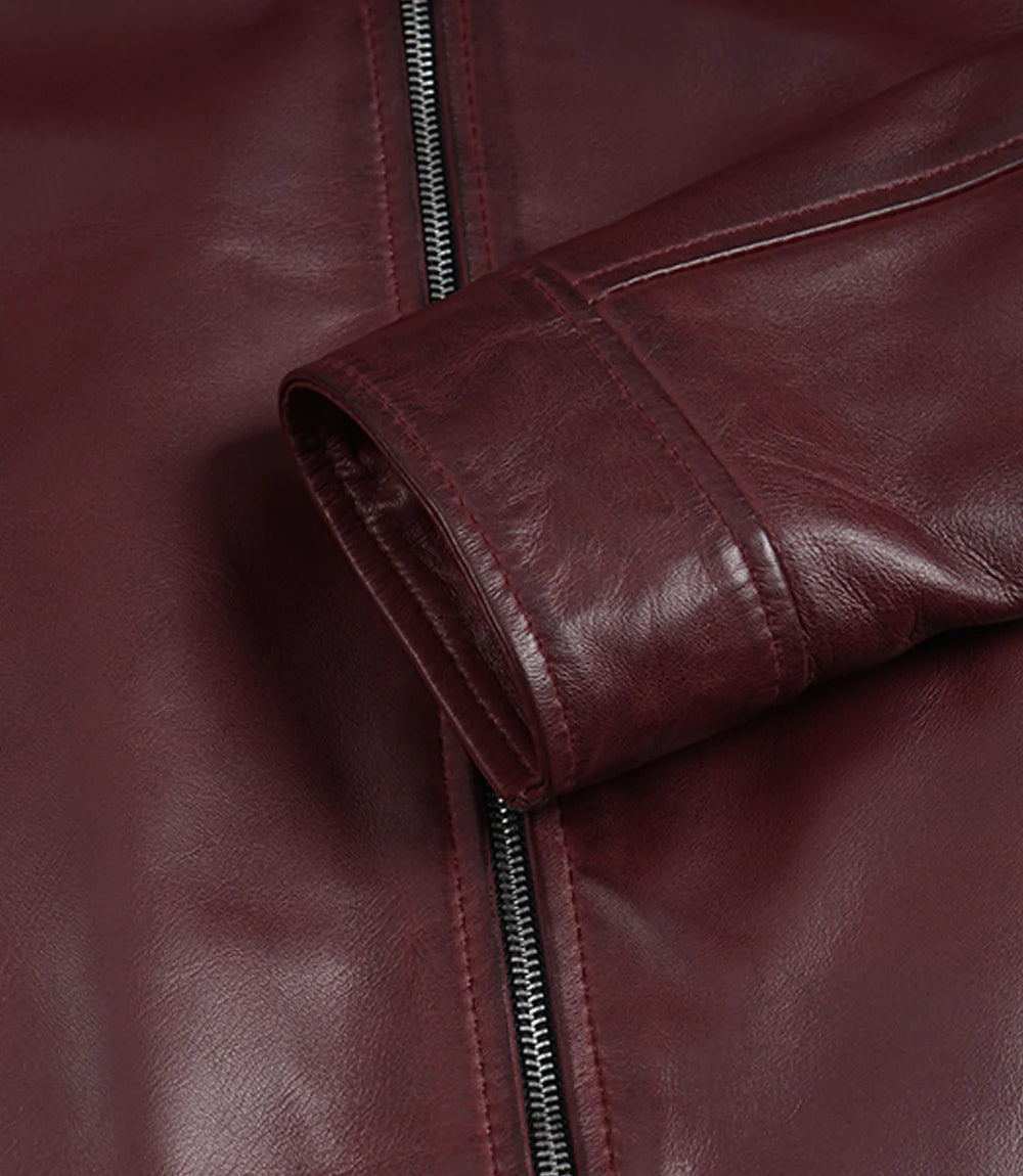 Womens Maroon Waxed Shirt Collar Harrington Leather Jacket