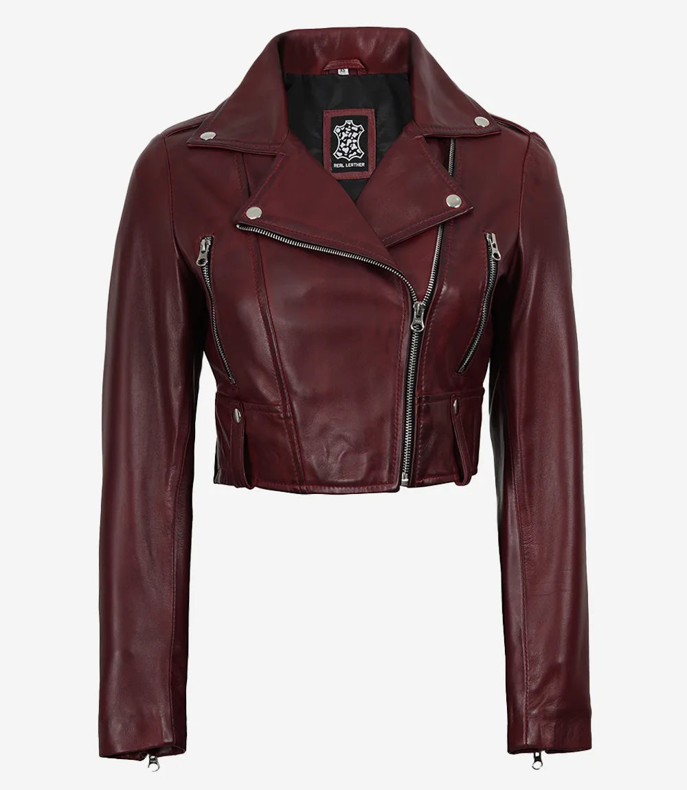 Womens Burgundy Waxed Biker Style Cropped Leather Jacket