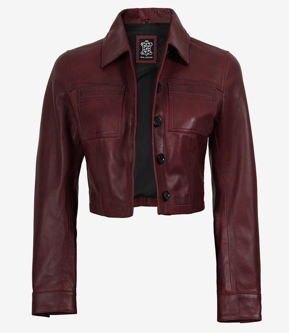 Womens Burgundy Waxed Cropped Leather Jacket