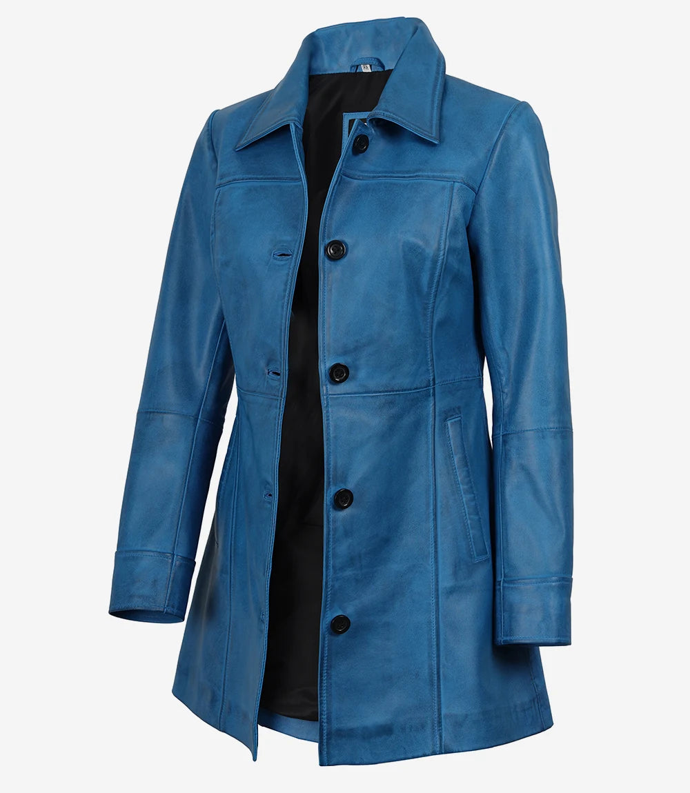 Womens Blue 3/4 Length Button Down Leather Coat