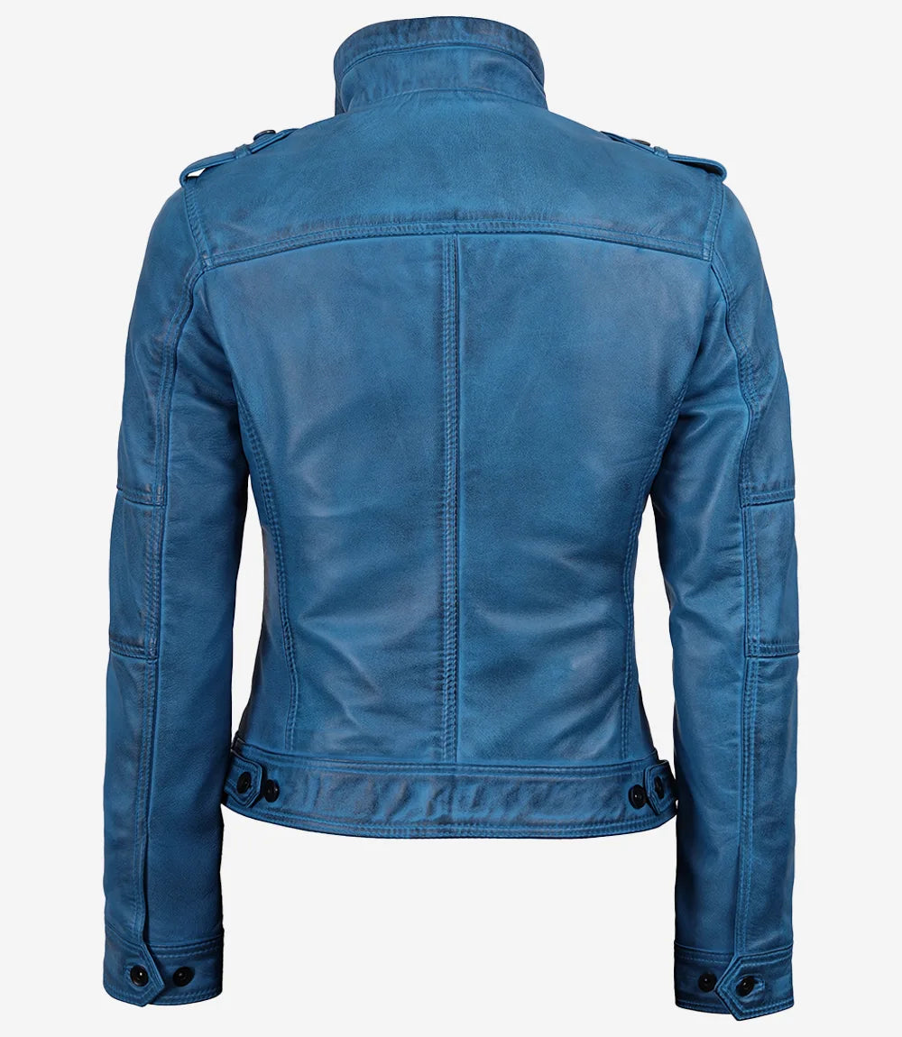 Blaue Damenjacke im Biker-Stil aus gewachstem Lammleder