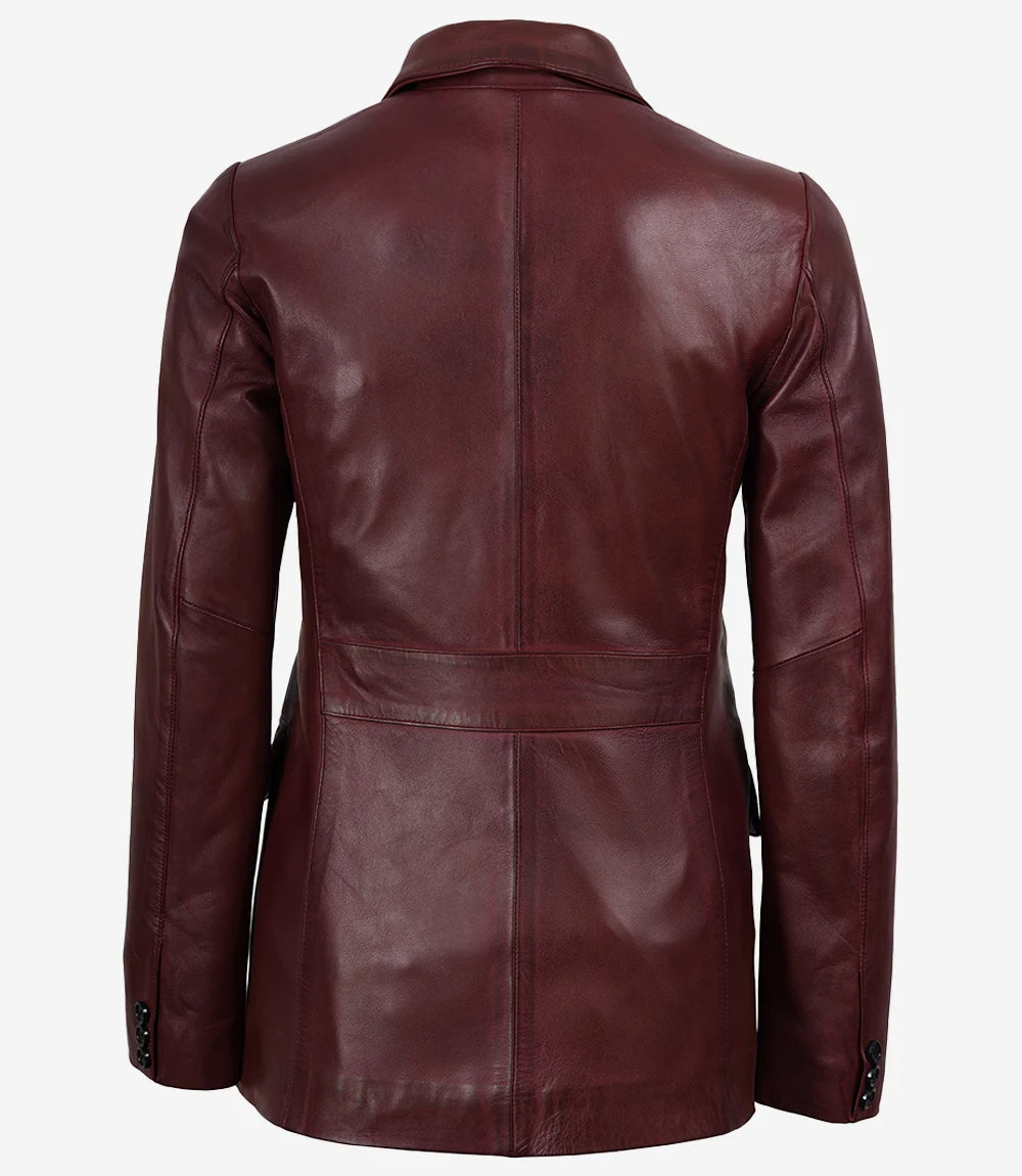 Women's Maroon Waxed Leather Two-Button Blazer Jacket