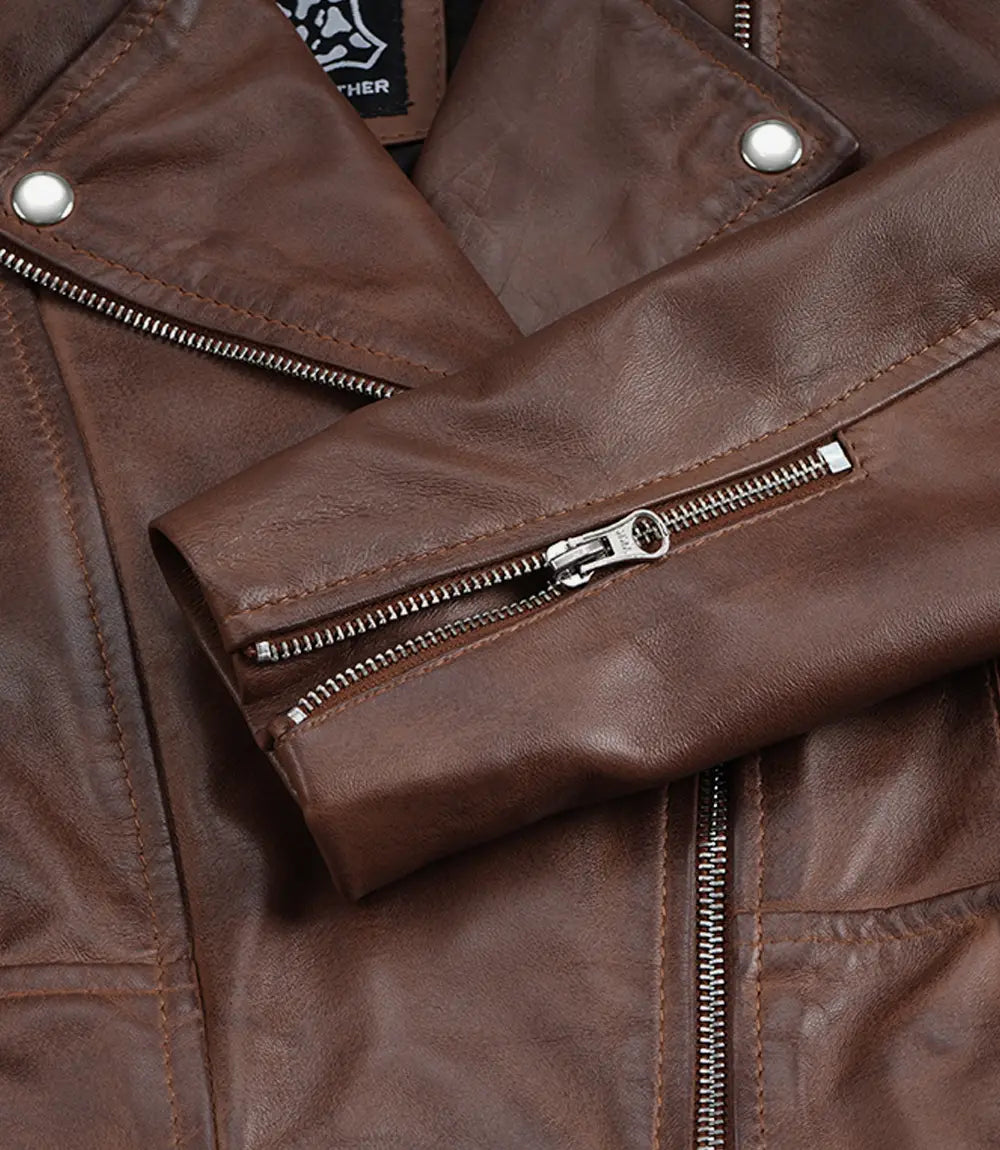 Women Biker Style Cognac Waxed Cropped Leather Jacket