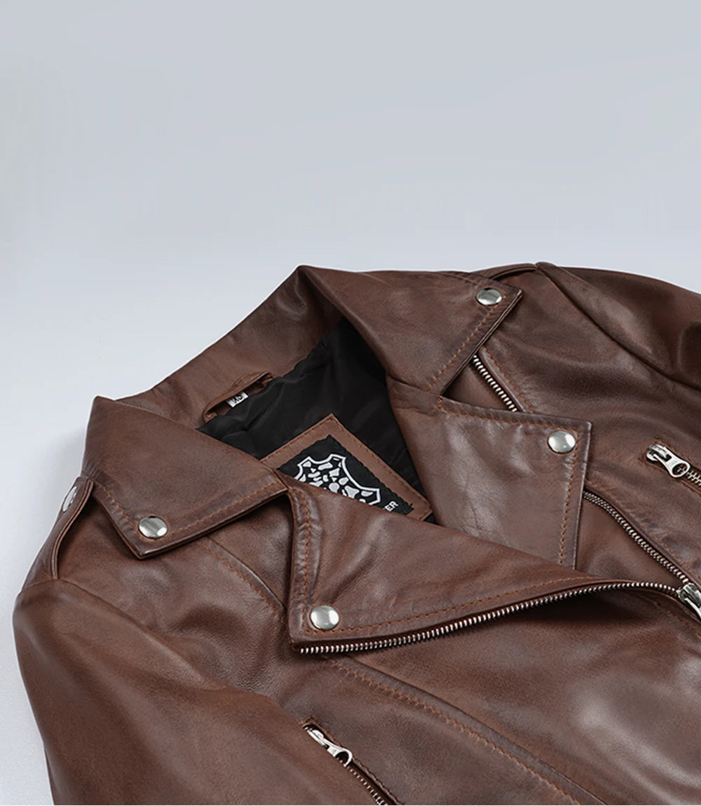 Women Biker Style Cognac Waxed Cropped Leather Jacket