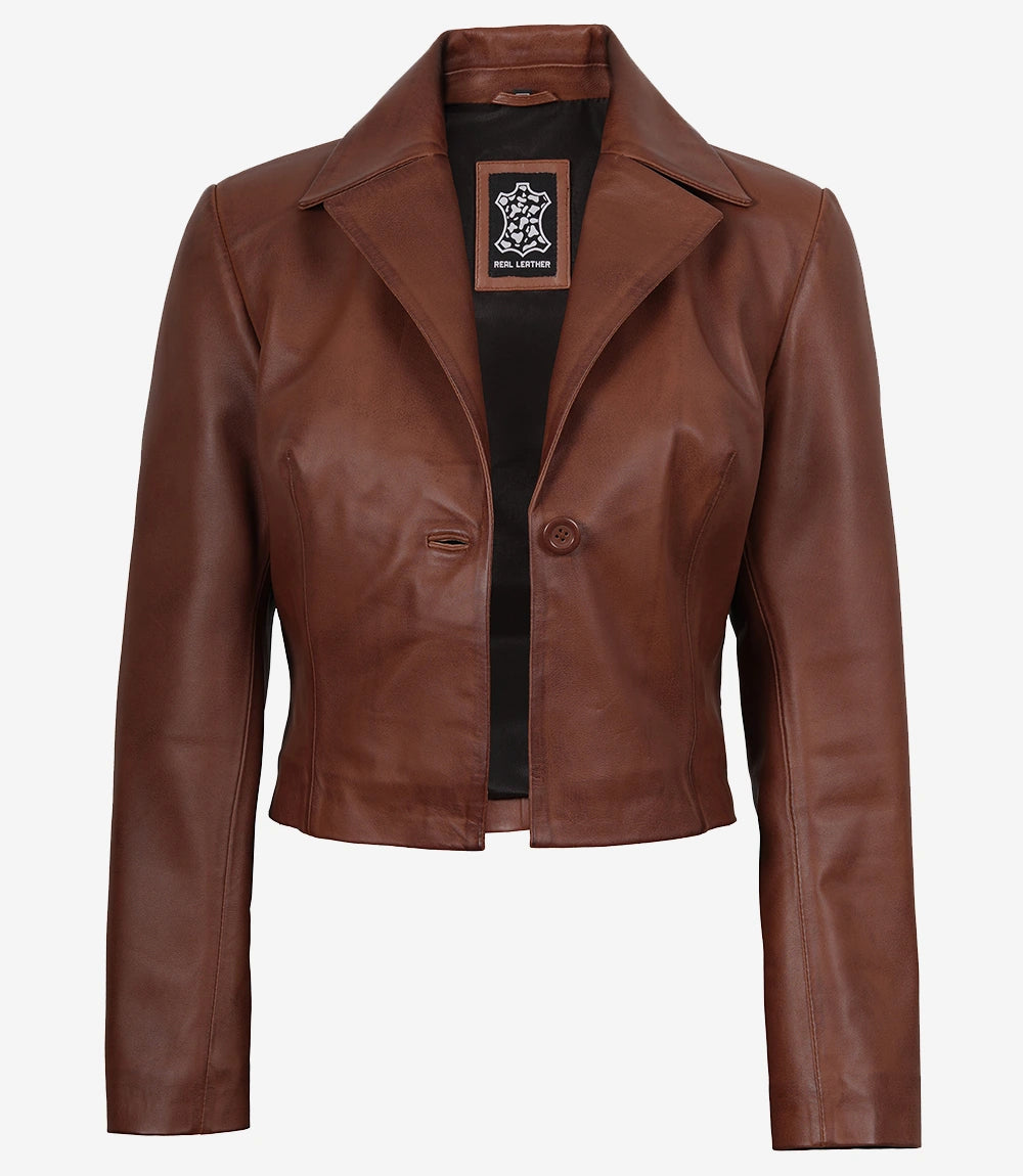 Womens Single Button Cognac Cropped Leather Jacket
