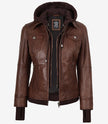 Tralee Women's Cognac Wax Bomber Leather Jacket With Removable Hood
