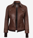 Tralee Women's Cognac Wax Bomber Leather Jacket With Removable Hood
