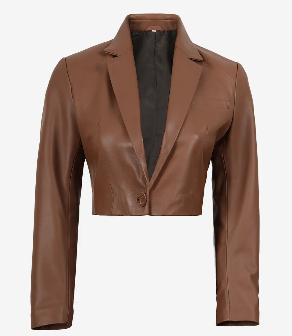 Women's Cognac Leather Single Button Cropped Blazer