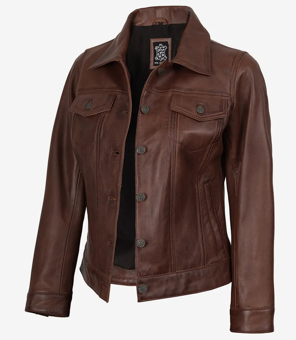 Cognacbraune Trucker-Lederjacke für Damen