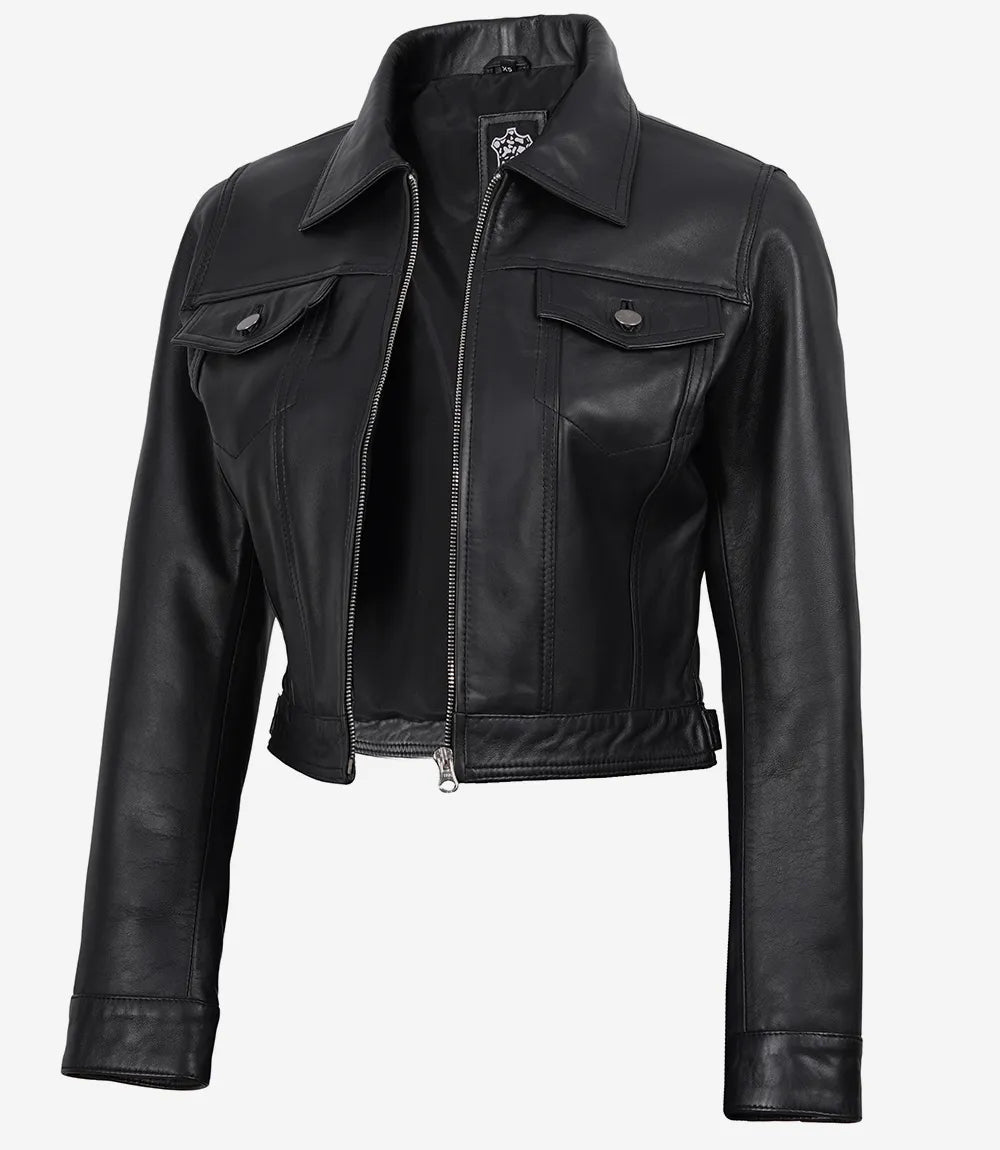 Women's Black Real Leather Cropped Trucker Jacket