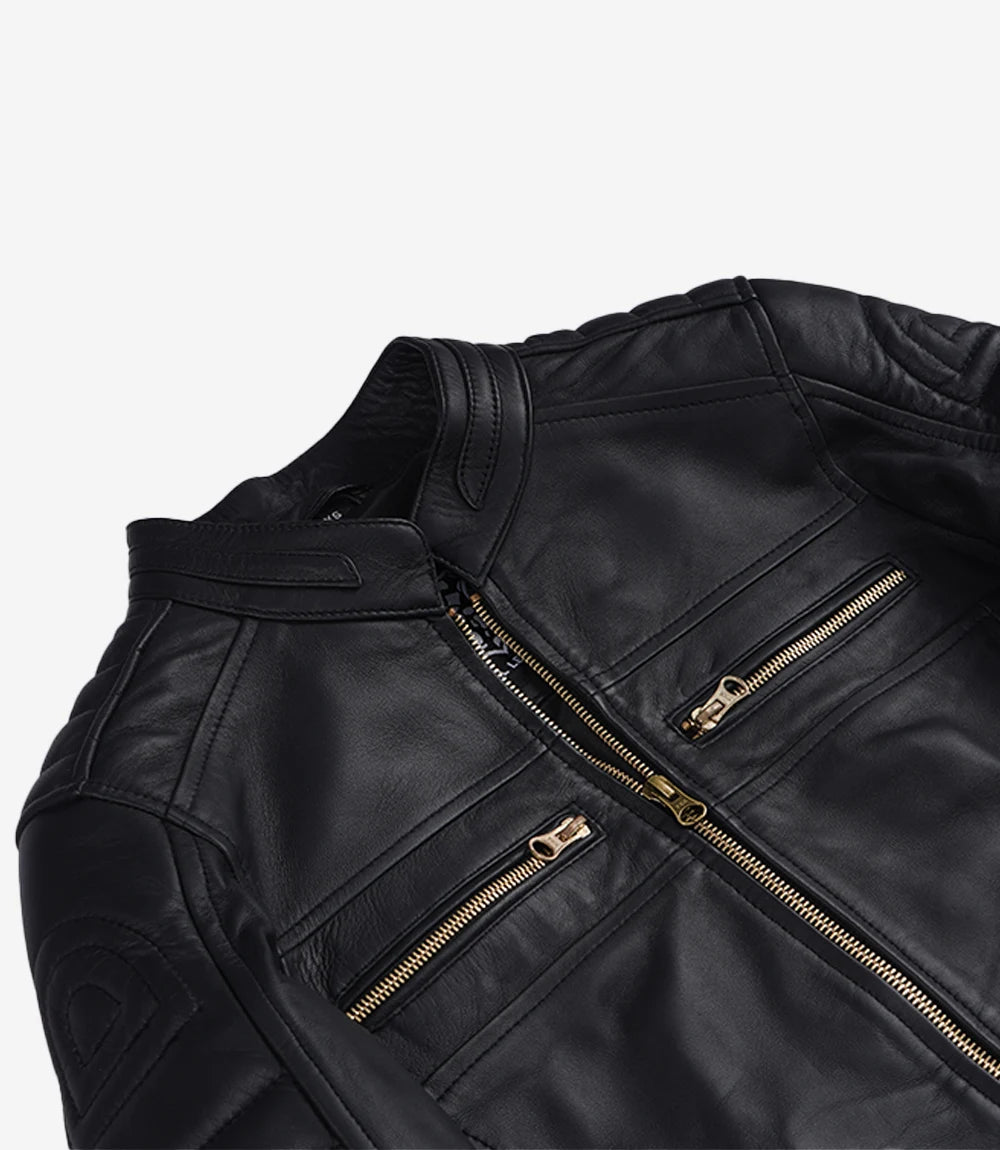 Women's Matte Black Leather Cafe Racer Jacket with Gold Zippers