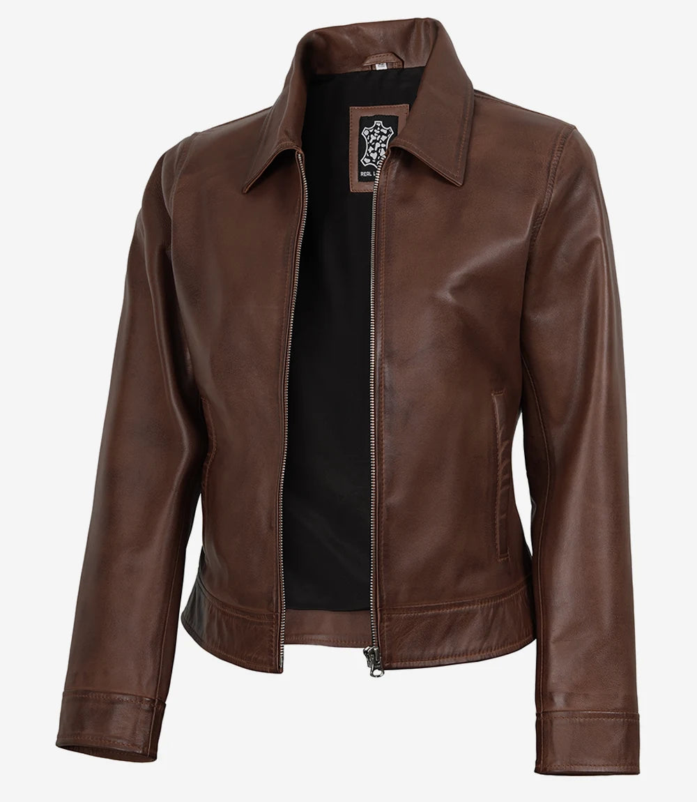 Women's Brown Cognac Waxed Shirt Collar Leather Jacket