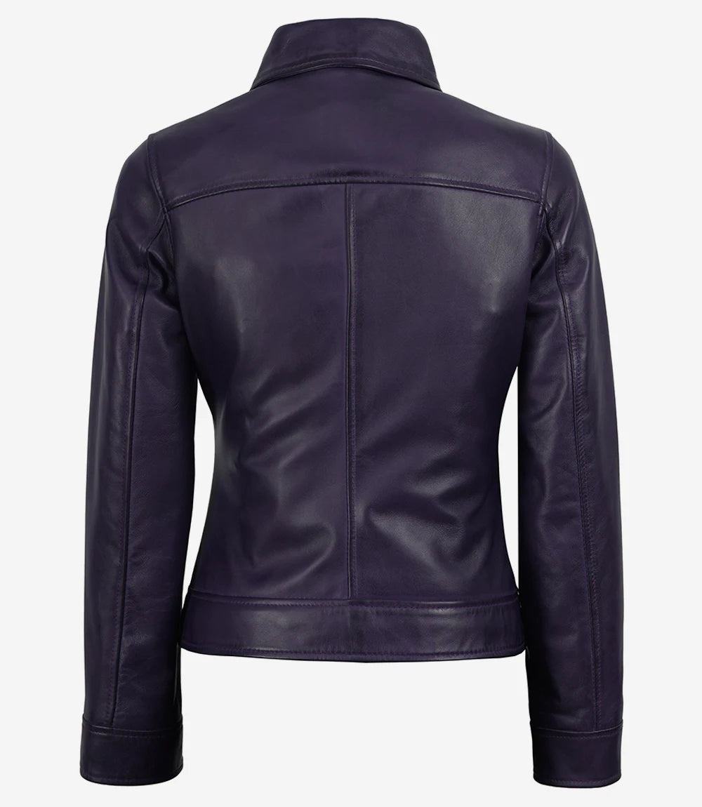 Women's Purple Waxed Shirt Collar Harrington Leather Jacket