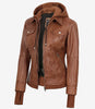 Tralee Women's Tan Waxed Bomber Leather Jacket With Detachable Hood