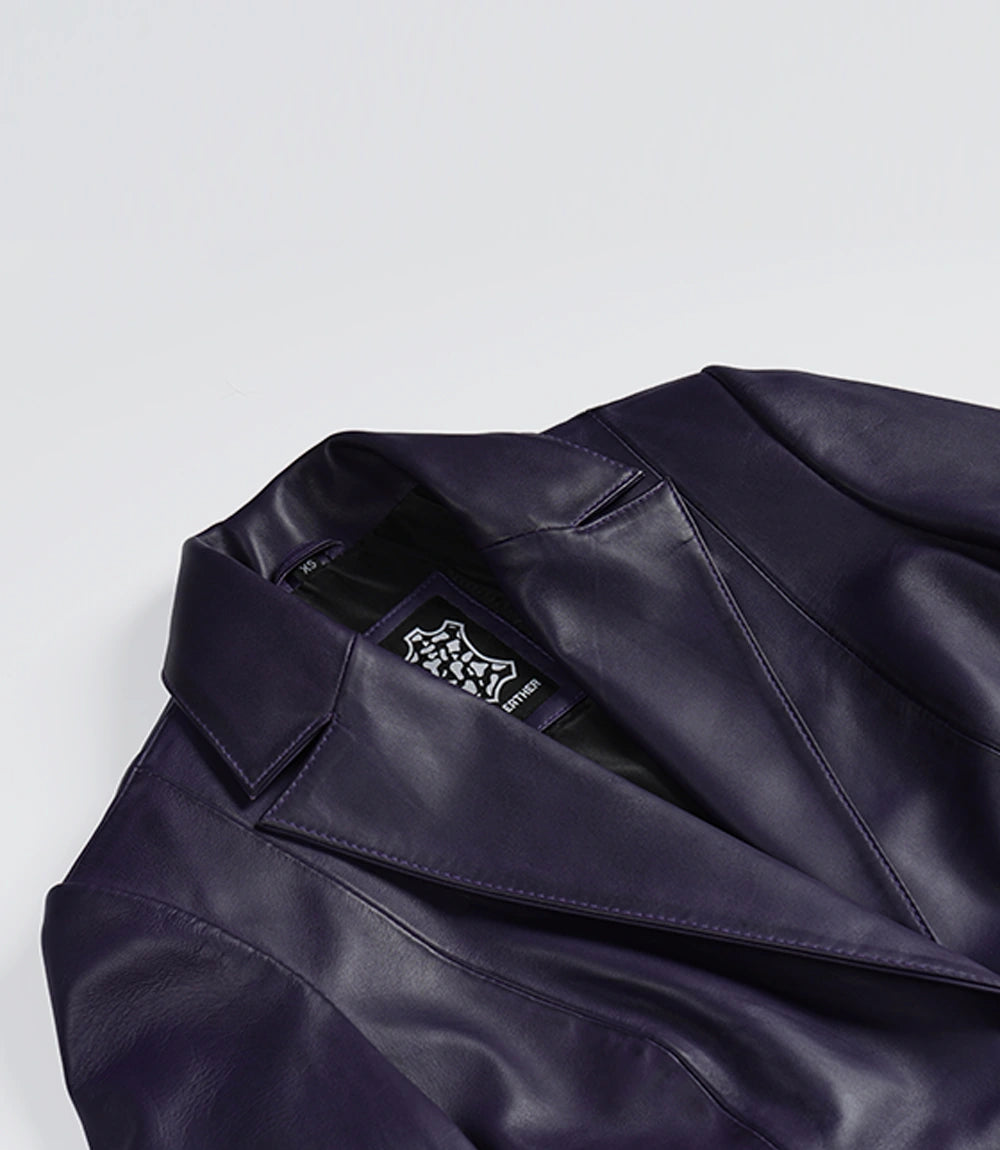 Womens Single Button Purple Waxed Leather Blazer