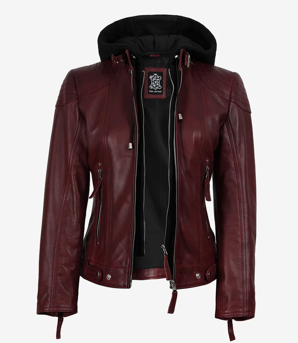 Women’s Maroon Waxed Real Leather Jacket with Removable Hood
