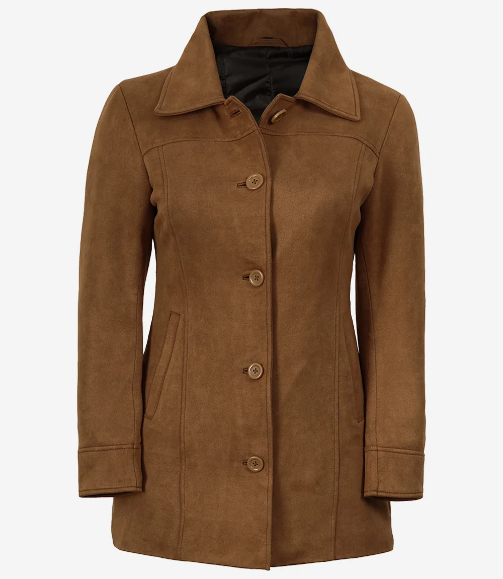 Women's 3/4 Length Button Down Light Brown Faux Suede Coat