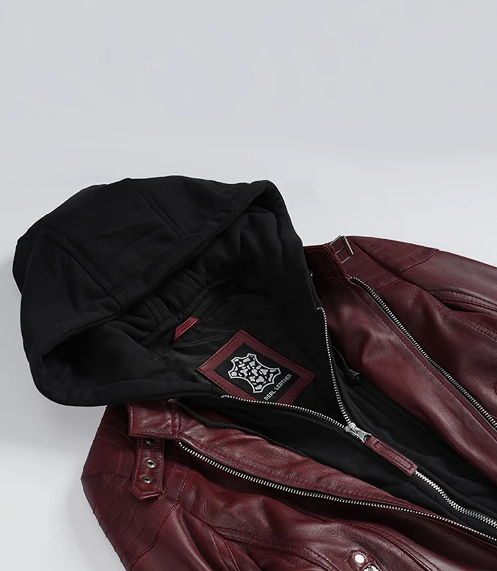 Women’s Maroon Waxed Real Leather Jacket with Removable Hood