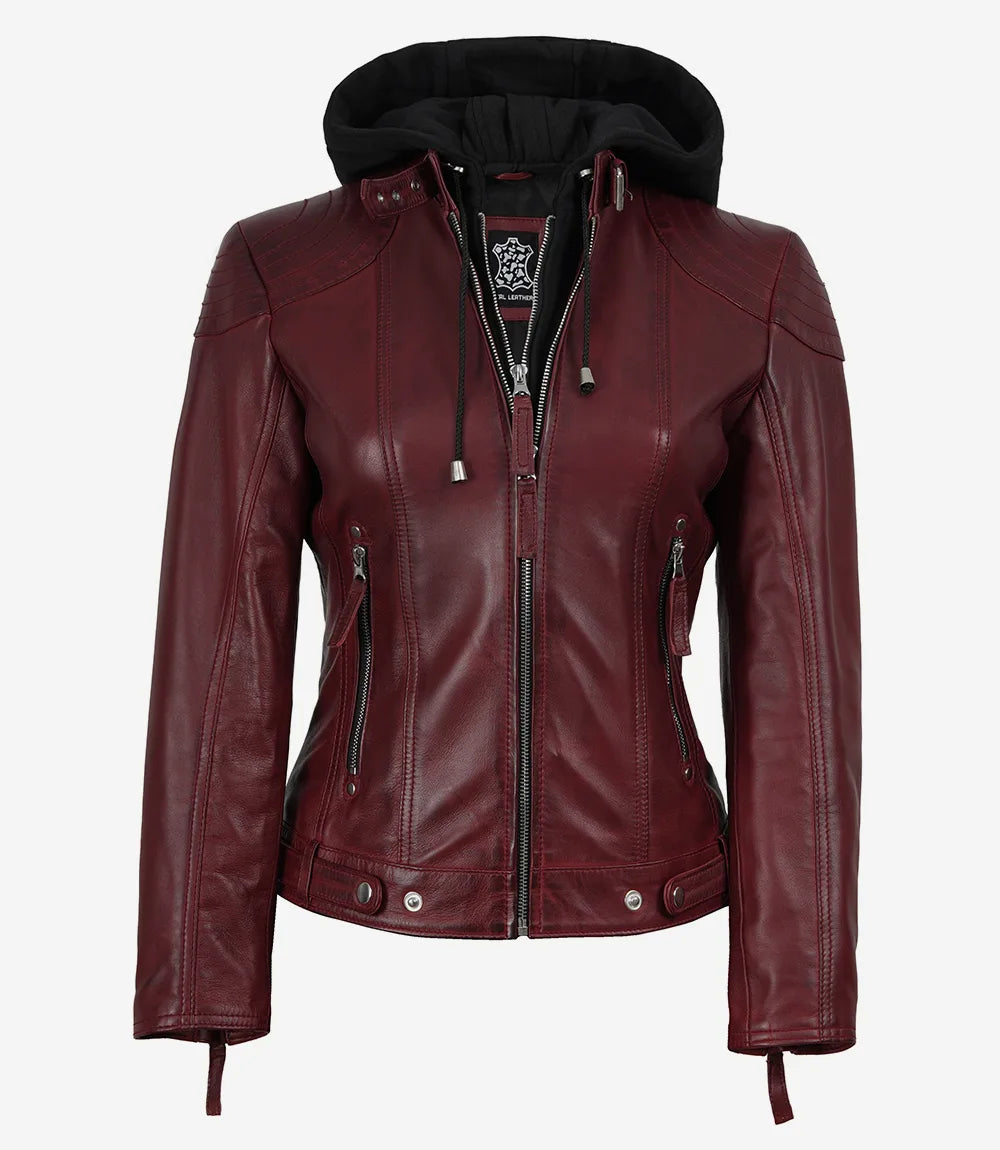 Women’s Maroon Waxed Real Leather Jacket with Removable Hood