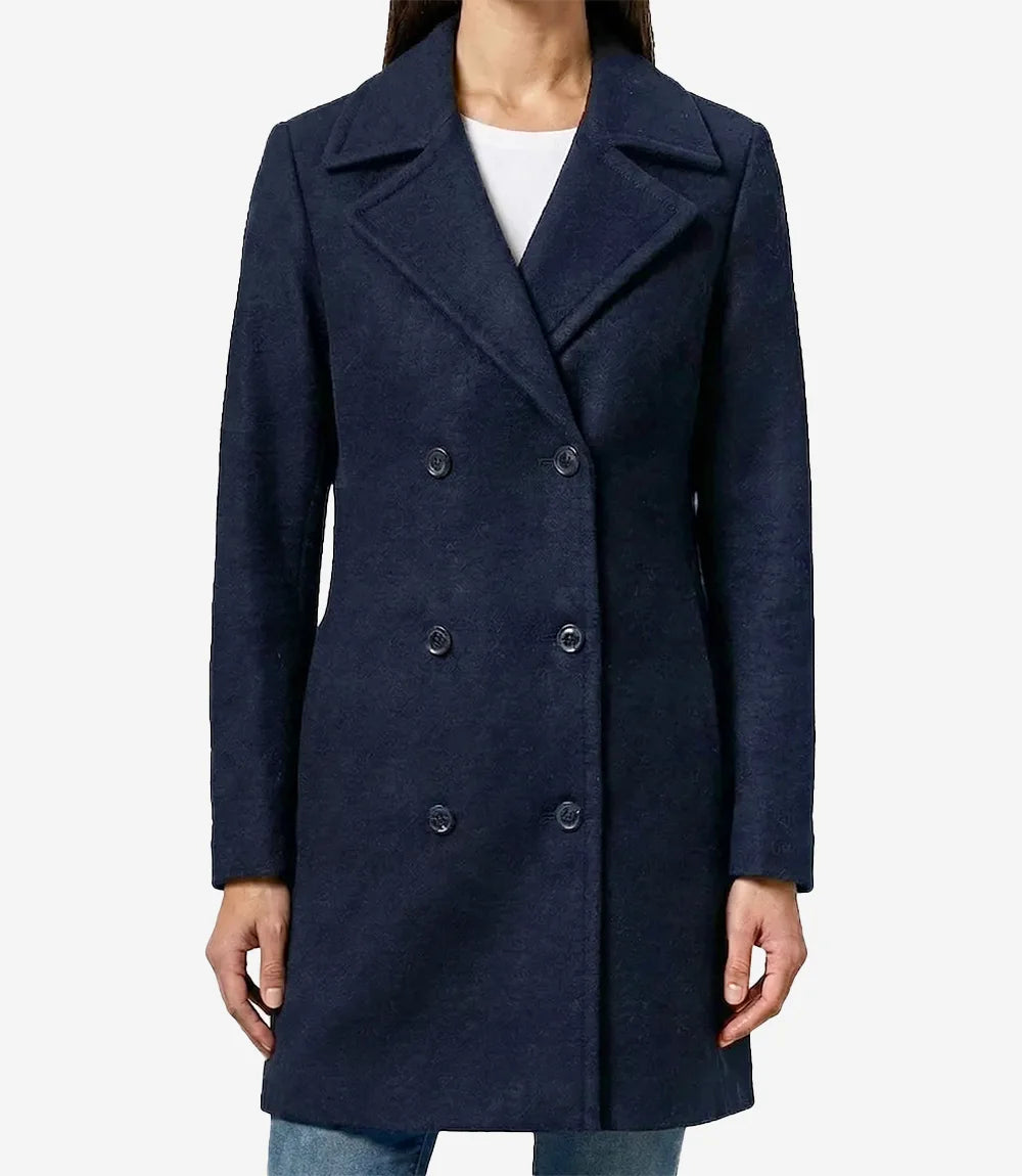 Womens 3/4 Length Navy Blue Double Breasted Wool Coat