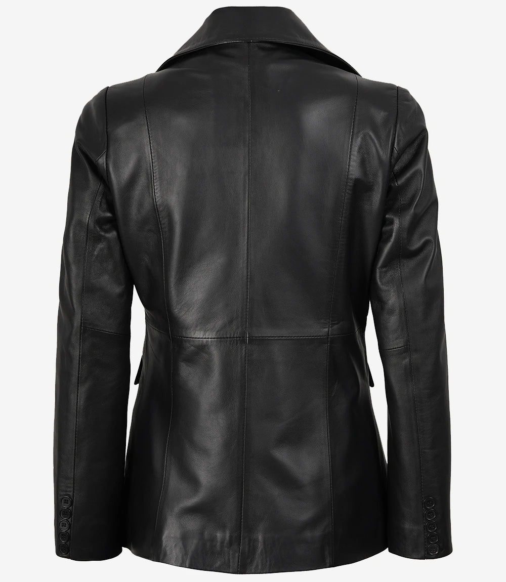 Womens Peak Lapel Black Leather Blazer - Single Button Closure