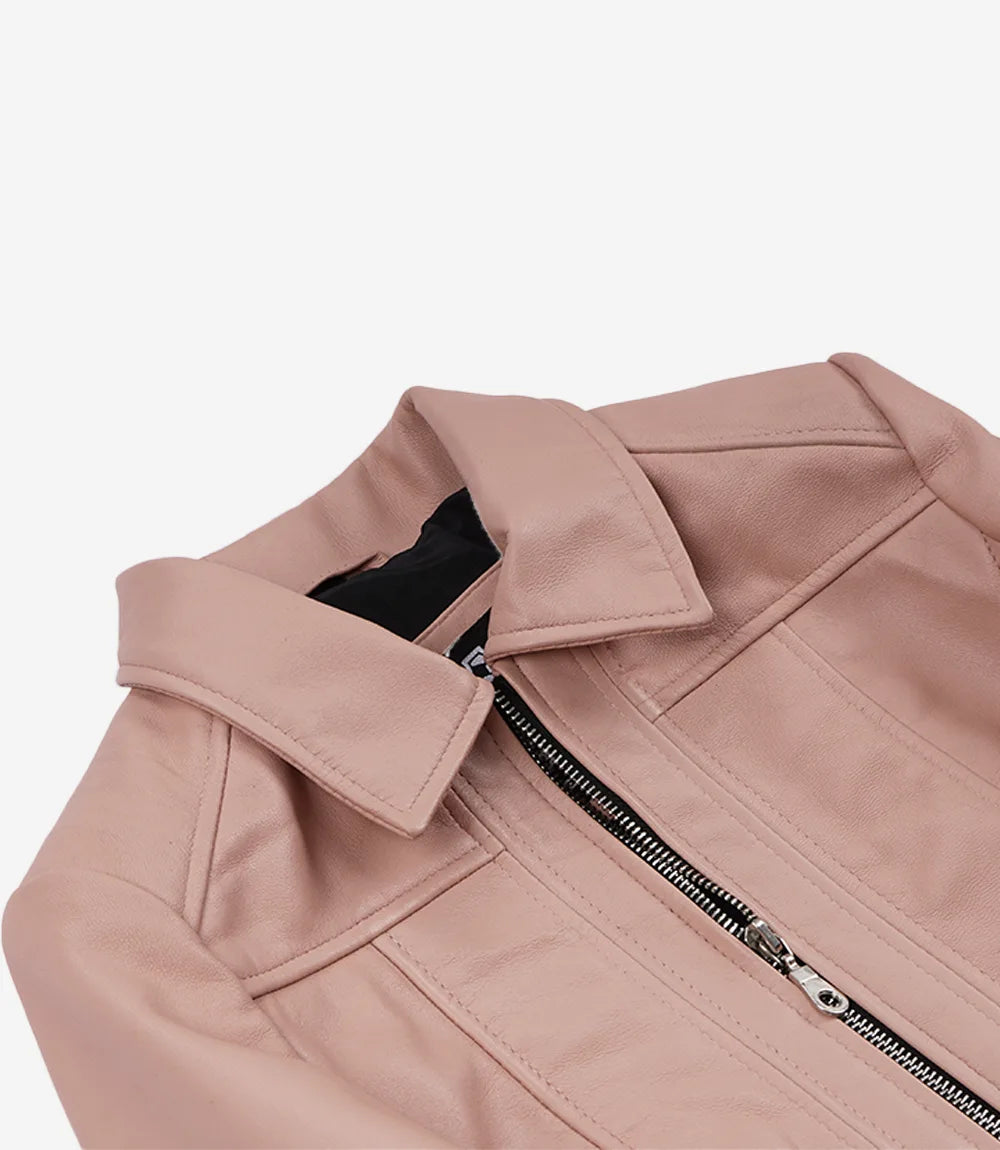 Marsha Women's Cropped Pink Leather Jacket with Shirt Collar