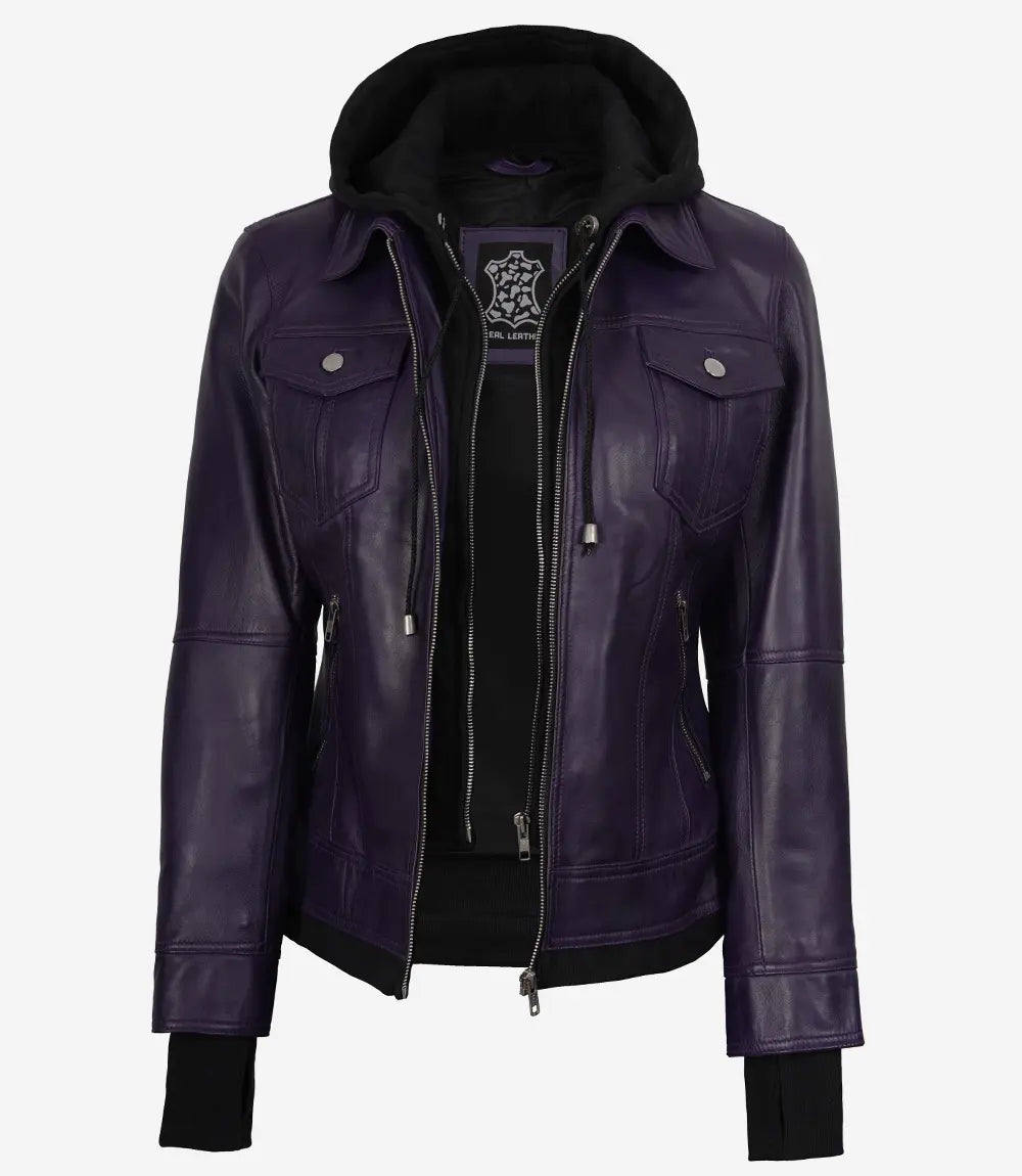 Lila Bomberjacke mit Kapuze für Damen