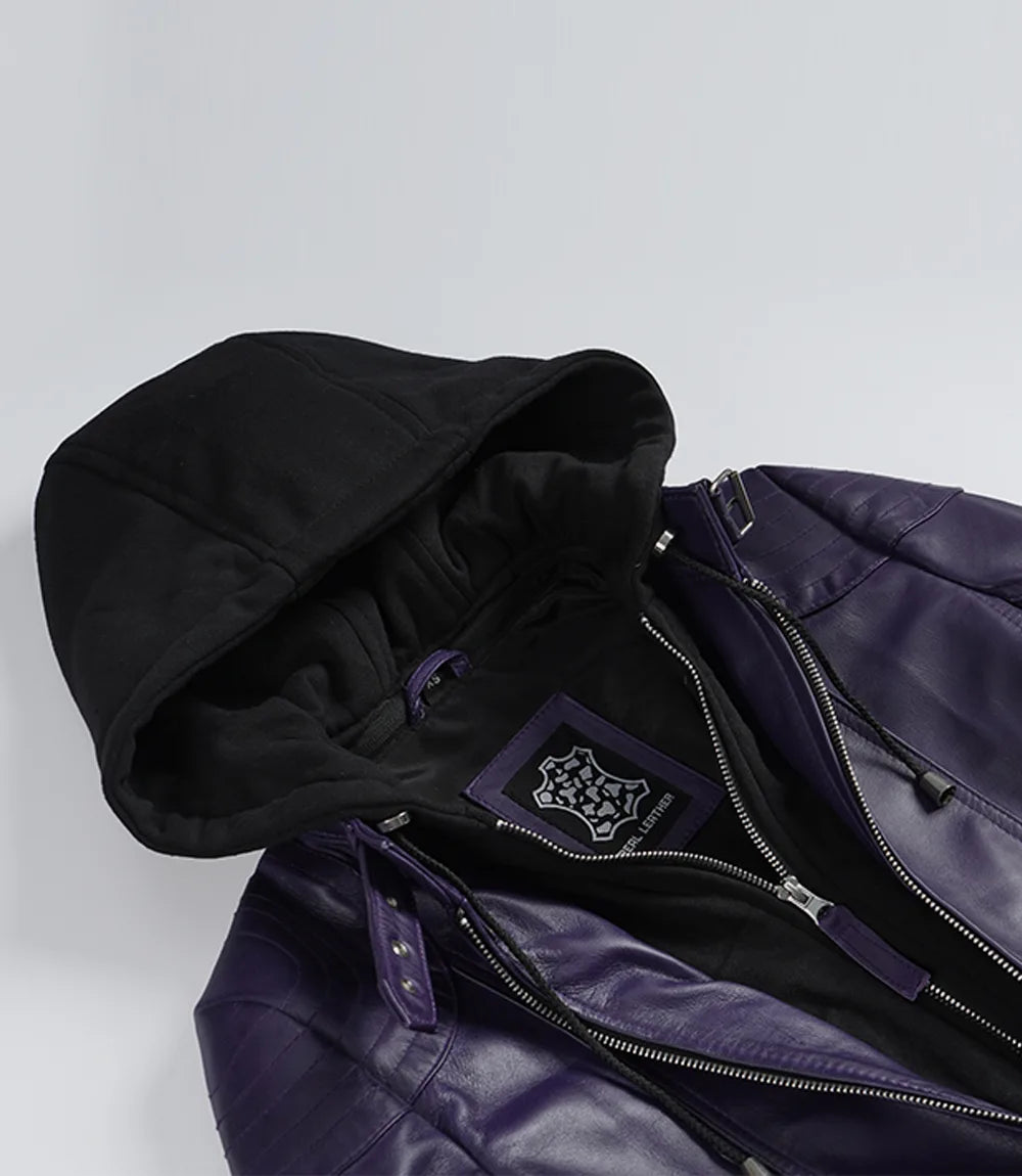 Women’s Purple Waxed Real Leather Jacket with Removable Hood
