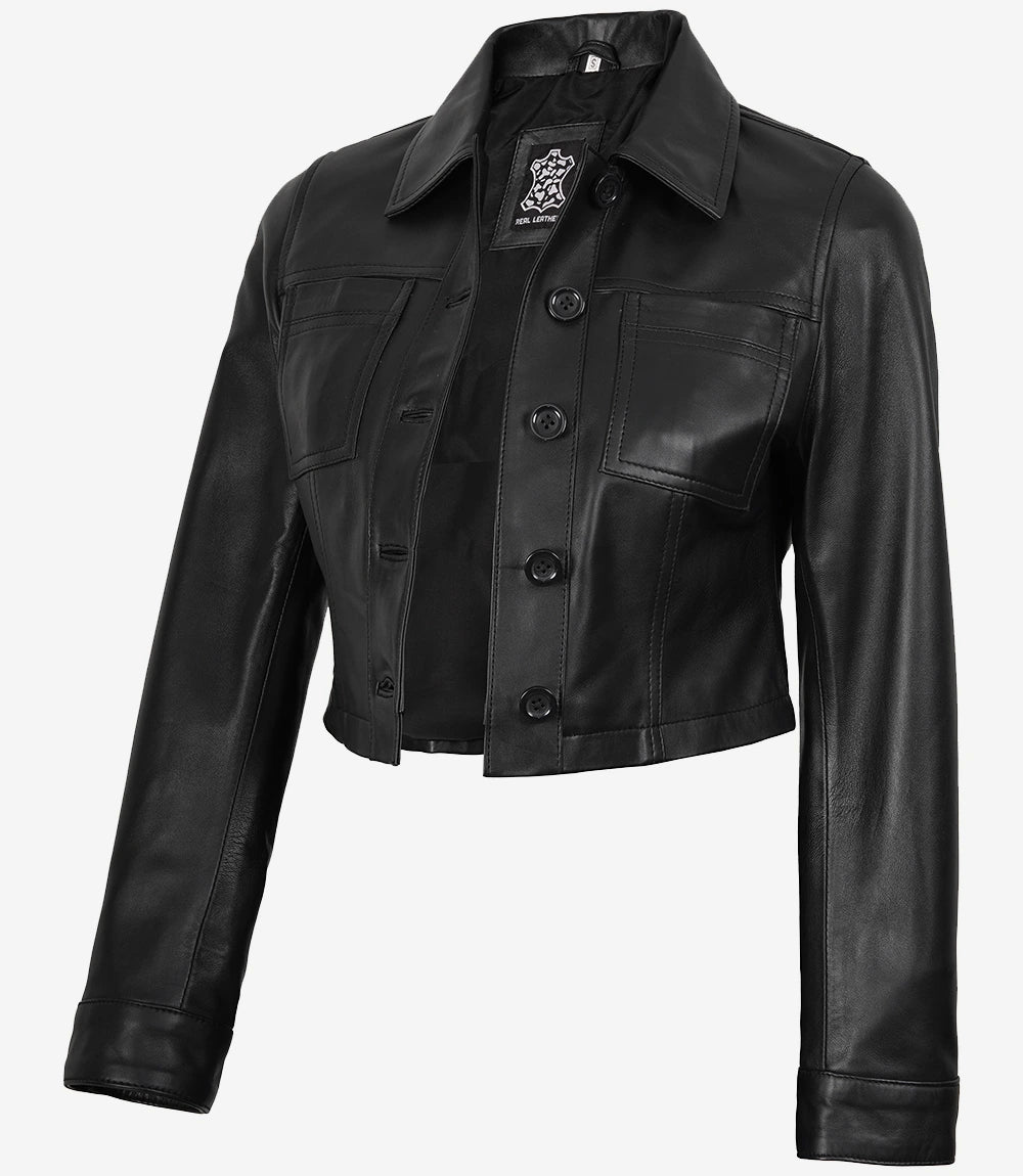 Kurze schwarze Lederjacke für Damen