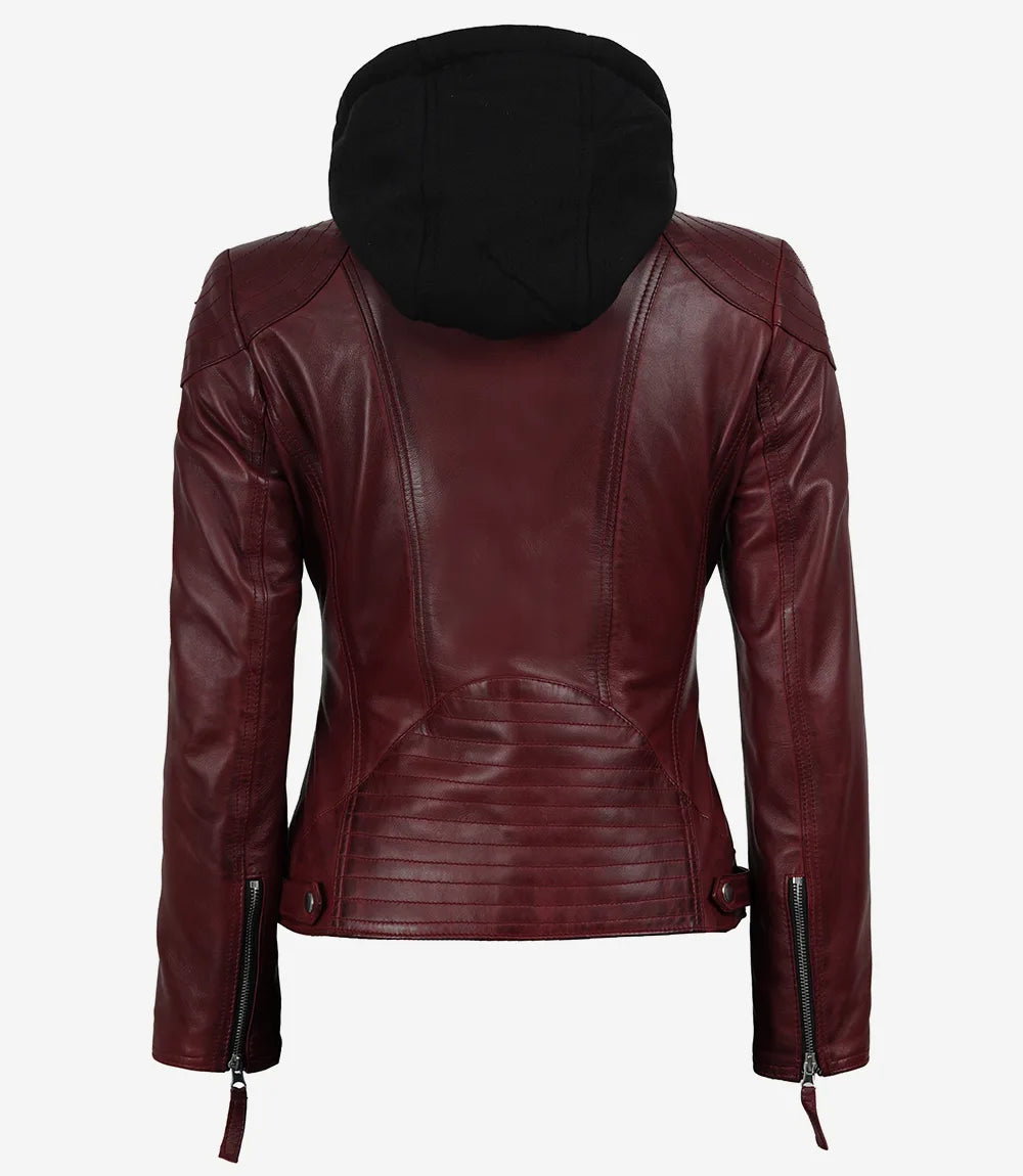 Women’s Maroon Waxed Real Leather Jacket with Removable Hood