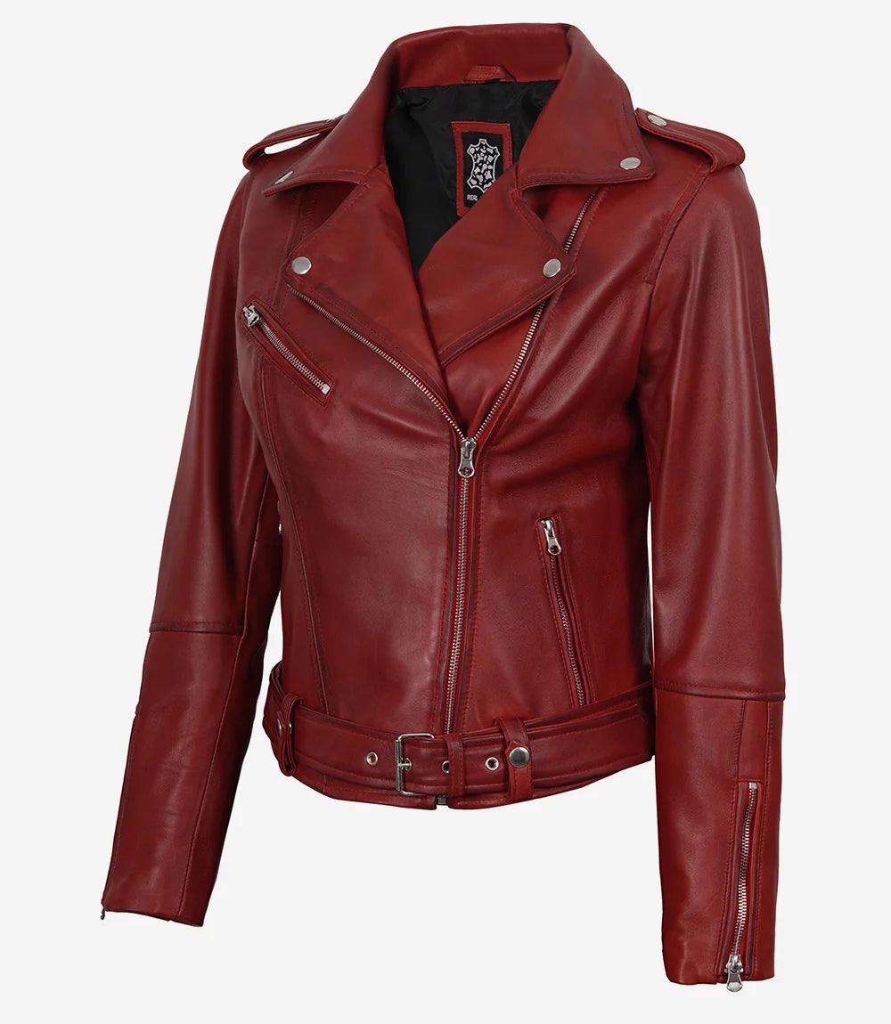 Rote asymmetrische Lederjacke im Biker-Stil mit Gürtel für Damen