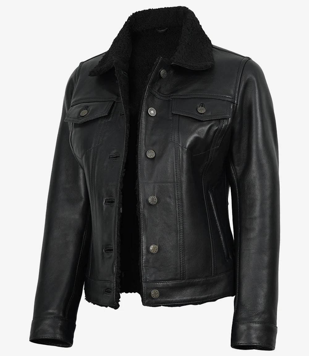 Women's Black Leather Trucker Jacket with Sherpa Lining
