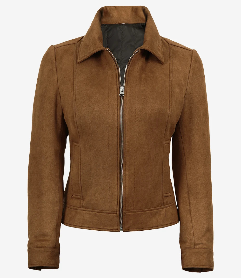 Womens Shirt Collar Light Brown Faux Suede Jacket