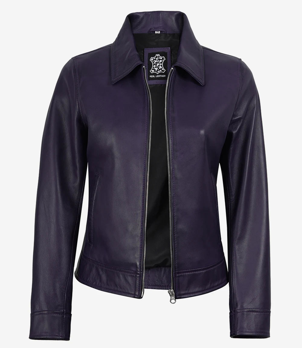 Women's Purple Waxed Shirt Collar Harrington Leather Jacket