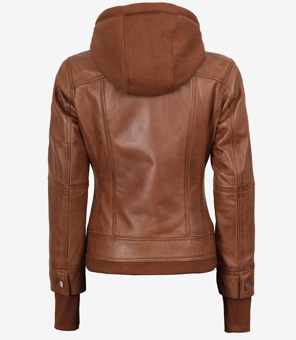 Tralee Women's Tan Waxed Bomber Leather Jacket With Detachable Hood