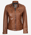 Women's Real Lambskin Leather Tan Quilted Biker Style Jacket