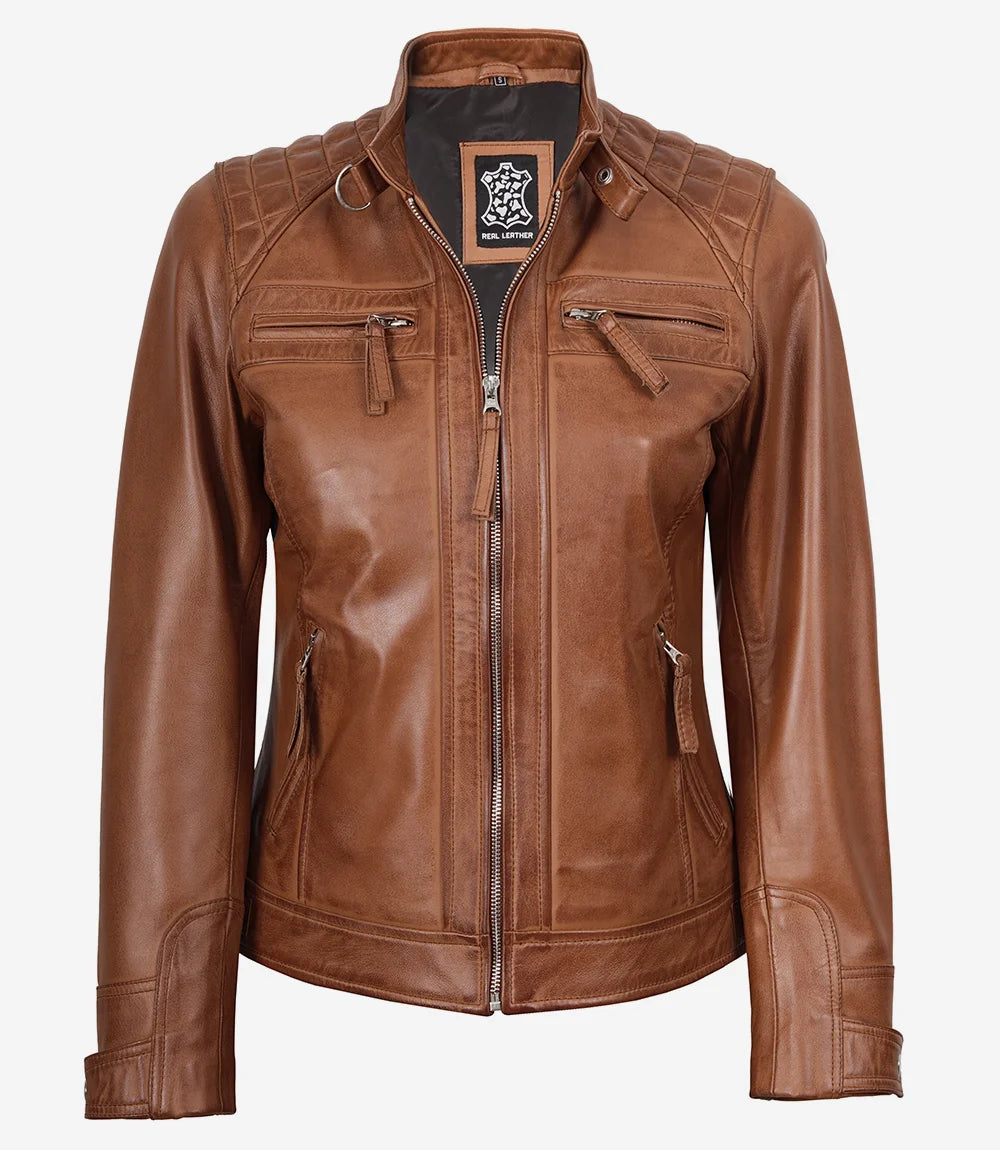 Women's Real Lambskin Leather Tan Quilted Biker Style Jacket