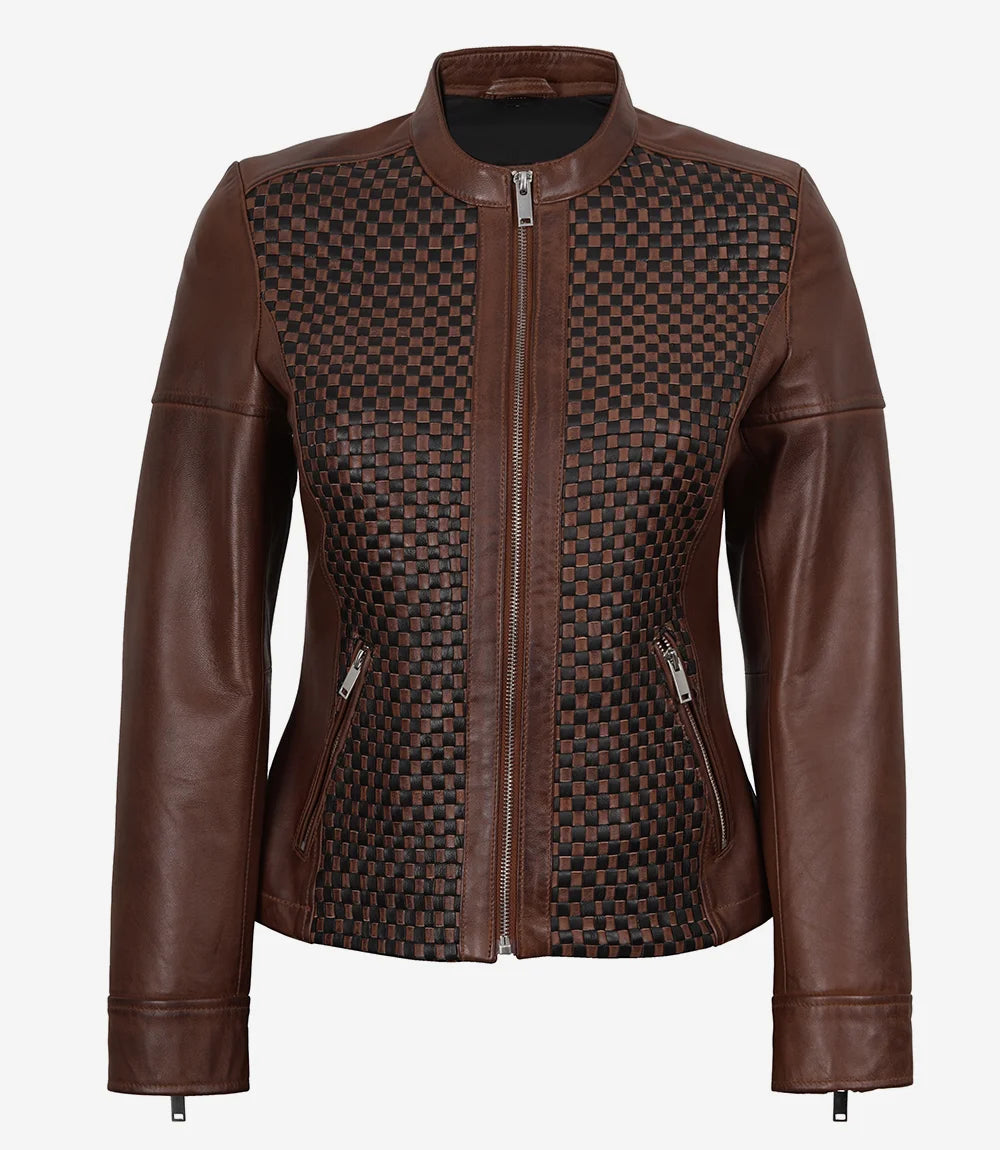 Braune Damenjacke aus strukturiertem Leder im Biker-Stil