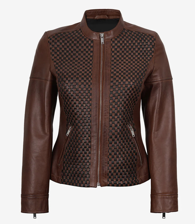 Braune Damenjacke aus strukturiertem Leder im Biker-Stil