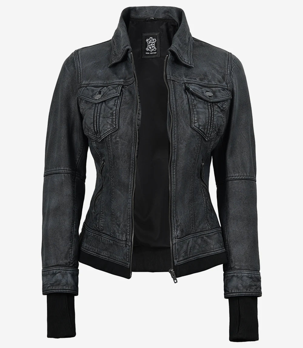 Women's Washed Black Leather Jacket with Removable Hood