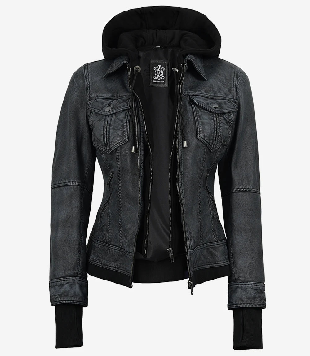 Women's Washed Black Leather Jacket with Removable Hood