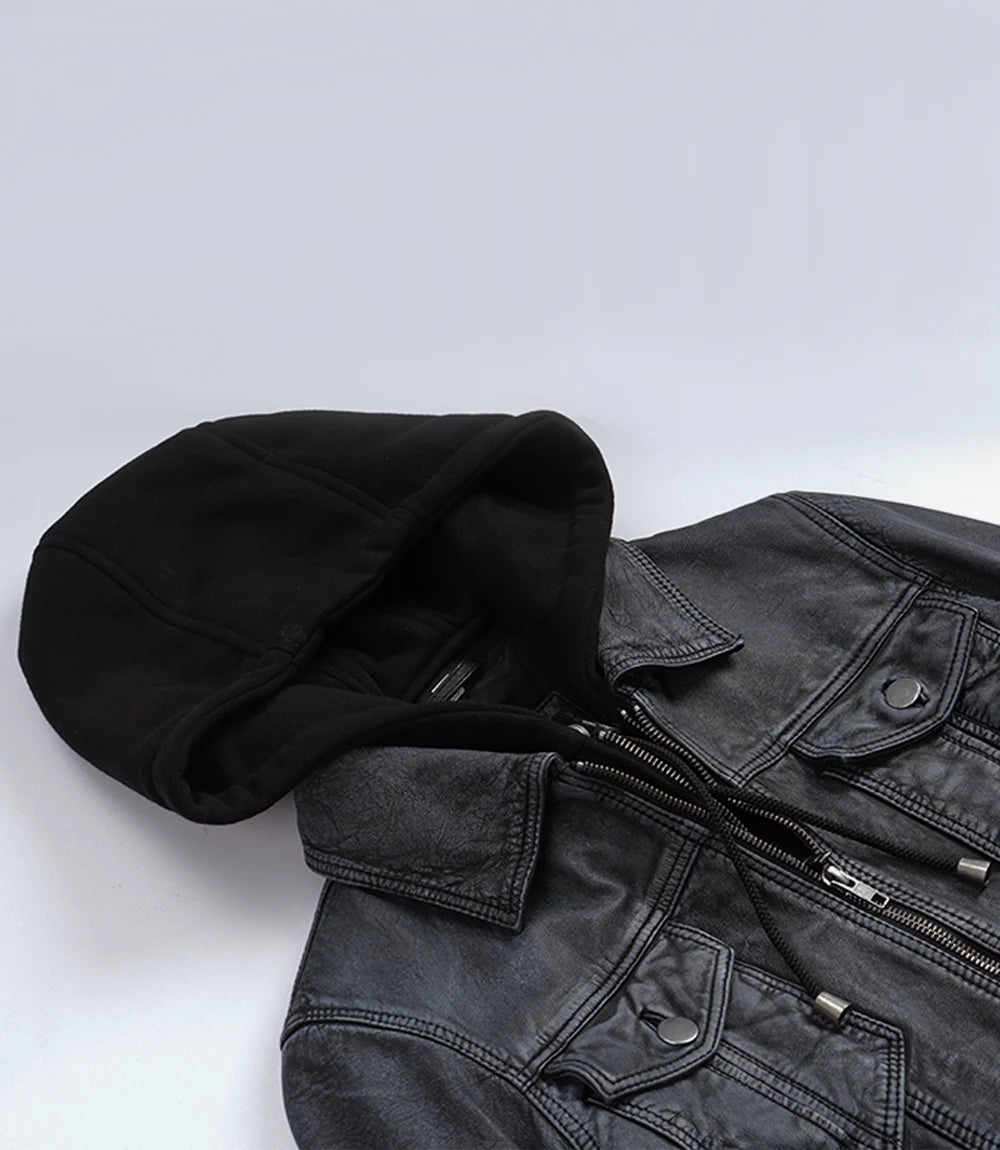 Women's Washed Black Leather Jacket with Removable Hood