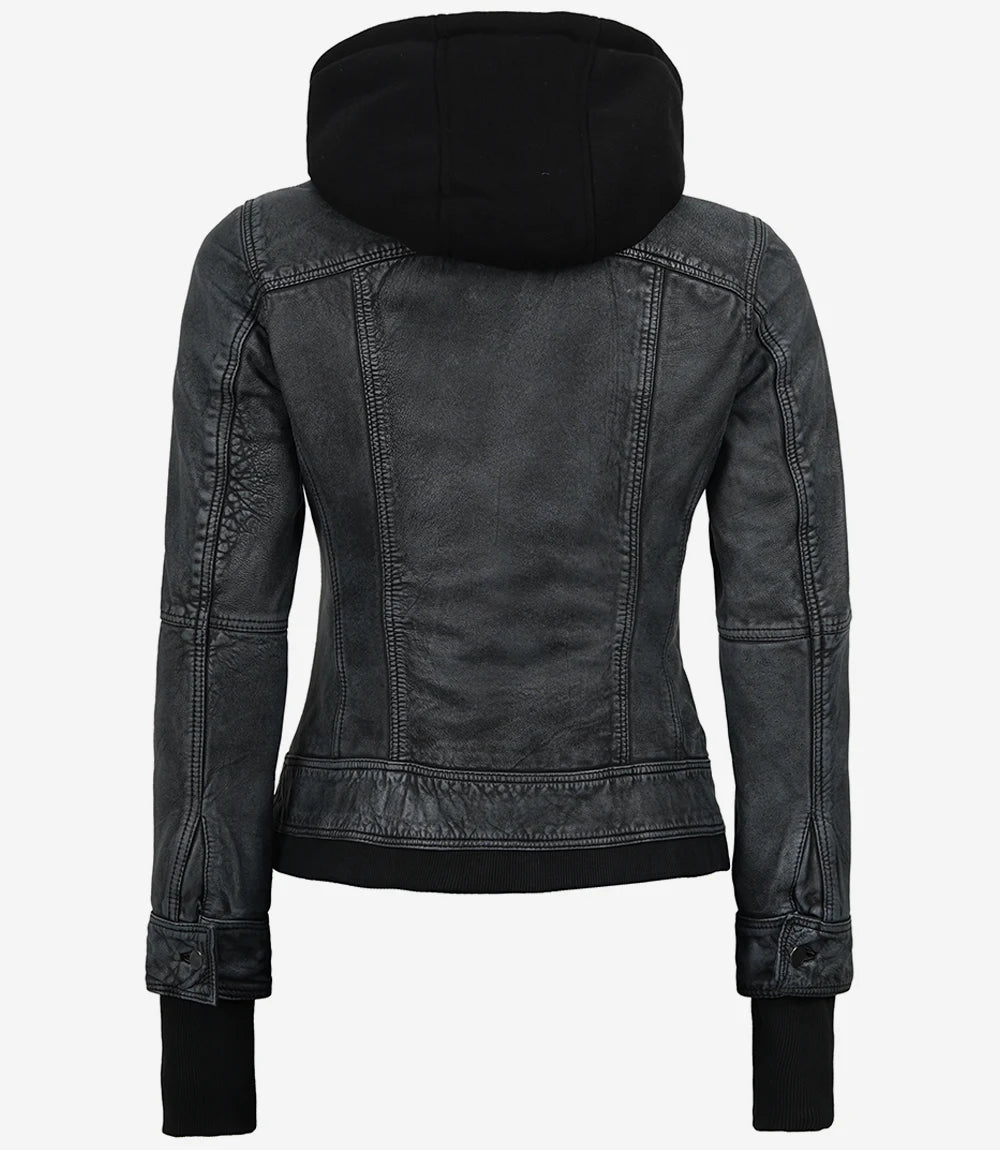 Women's Washed Black Leather Jacket with Removable Hood