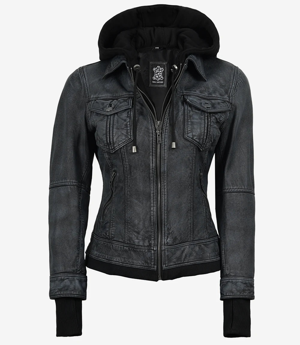 Women's Washed Black Leather Jacket with Removable Hood